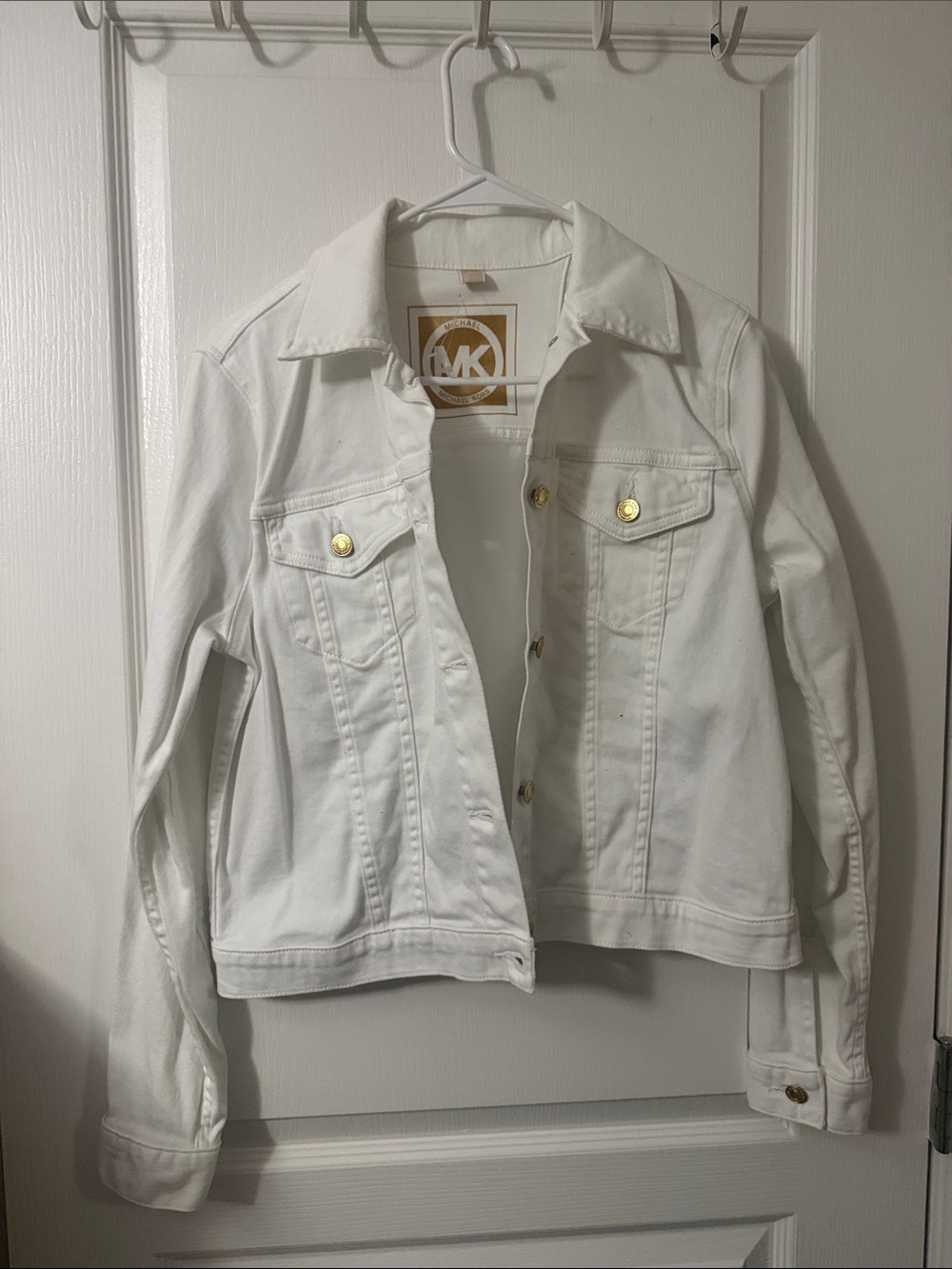Michael Kors White Denim Utility Jacket with Gold Buttons